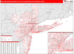 New York-Newark-Jersey City Metro Area Digital Map Red Line Style